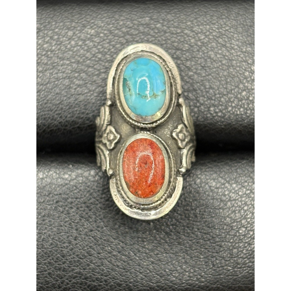New Condition Sterling Silver Turquoise Coral Oblong Double Ring Size 5 E18